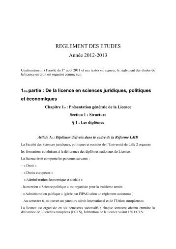 REGLEMENT DES ETUDES AnnÃ©e 2012-2013 - UniversitÃ© Lille 2 ...