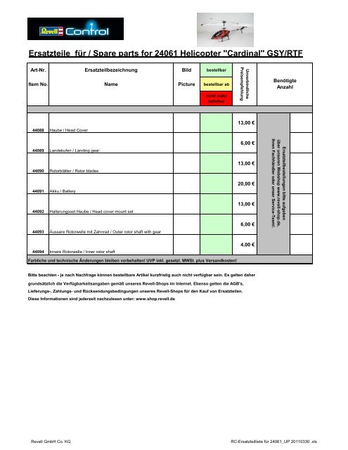 RC-Ersatzteilliste fÃ¼r 24061_UP 20110330 - Revell Control
