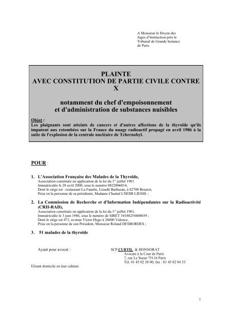 PLAINTE AVEC CONSTITUTION DE PARTIE CIVILE ... - Criirad