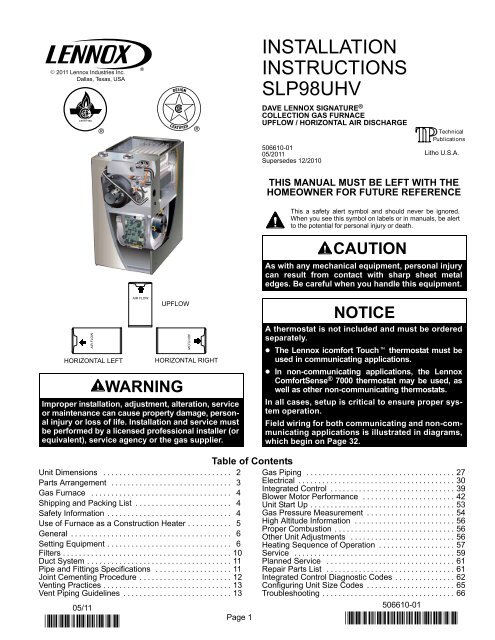 Slp98uhv Gas Furnace Installation Manual Lennox