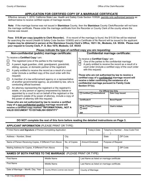 Application For Certified Copy Of A Marriage ... - Stanislaus County