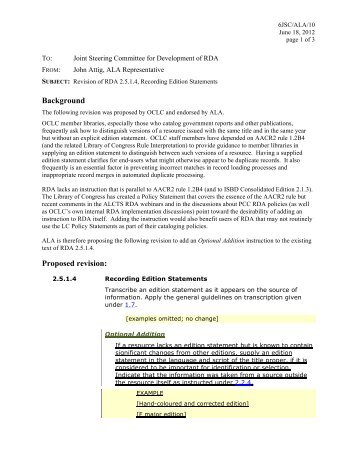 6JSC/ALA/10 - Joint Steering Committee for Development of RDA