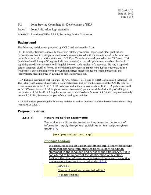 6JSC/ALA/10 - Joint Steering Committee for Development of RDA