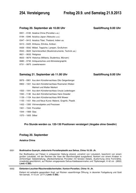 254. Versteigerung Freitag 20.9. und Samstag 21.9.2013