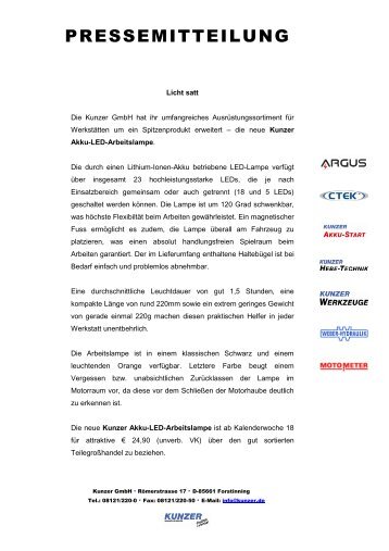 PR-Meldung Kunzer Akku-LED-Arbeitslampe - KUNZER GmbH