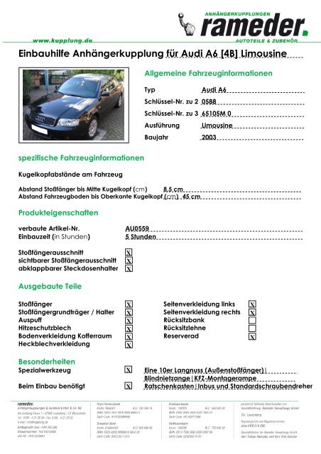 Einbauhilfe AnhÃ¤ngerkupplung fÃ¼r Audi A6 [4B] Limousine