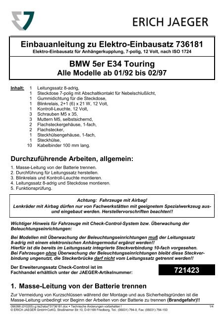 Einbauanleitung zu Elektro-Einbausatz 736181 BMW 5er E34 Touring