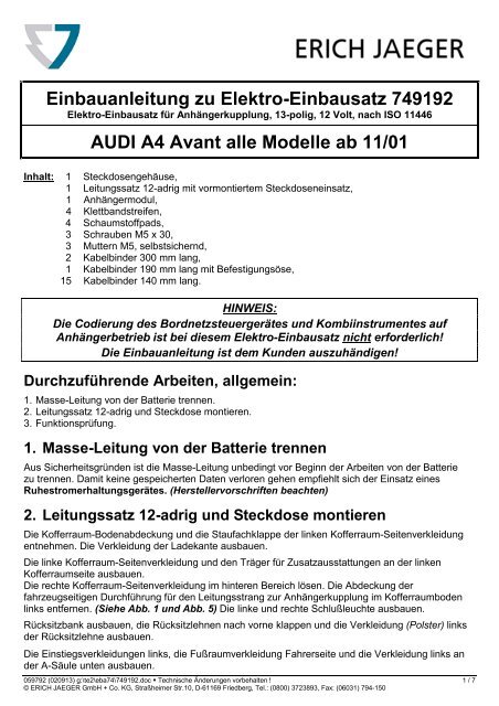 Einbauanleitung zu Elektro-Einbausatz 749192 AUDI A4 Avant alle ...