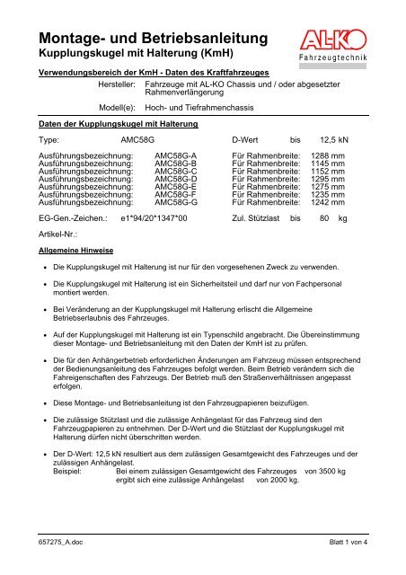 Montage Und Betriebsanleitung Kupplungskugel Mit Halterung Kmh