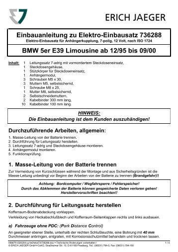 Einbauanleitung zu Elektro-Einbausatz 736288 BMW 5er E39 ...