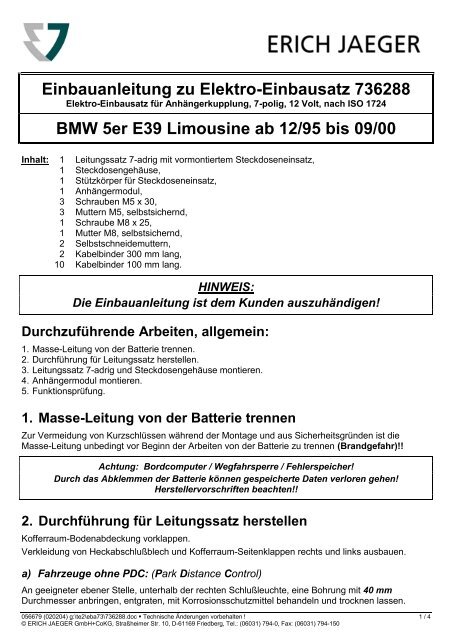 Einbauanleitung zu Elektro-Einbausatz 736288 BMW 5er E39 ...