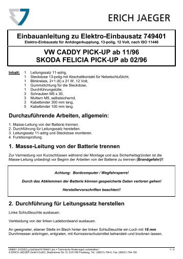 Einbauanleitung zu Elektro-Einbausatz 749401 VW CADDY PICK ...