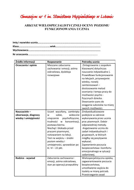 arkusz wielospecjalistycznej oceny poziomu funkcjonowania ucznia