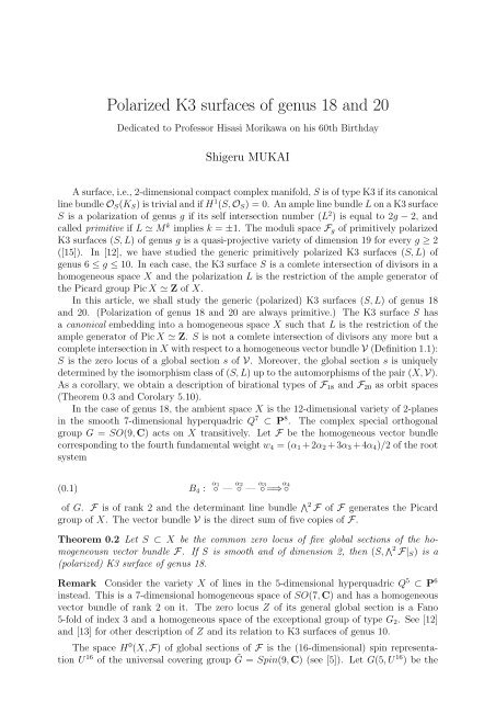 Polarized K3 surfaces of genus 18 and 20 - Research Institute for ...