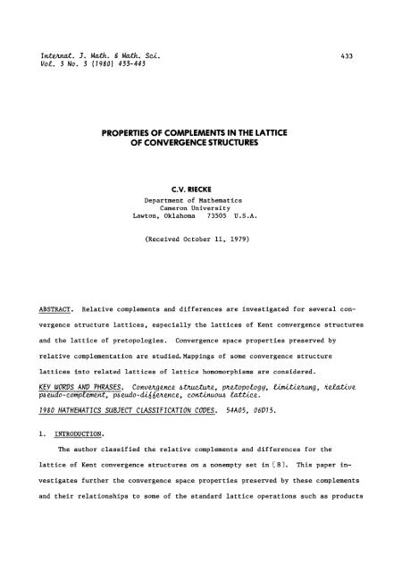 properties of complements in the lattice of convergence structures