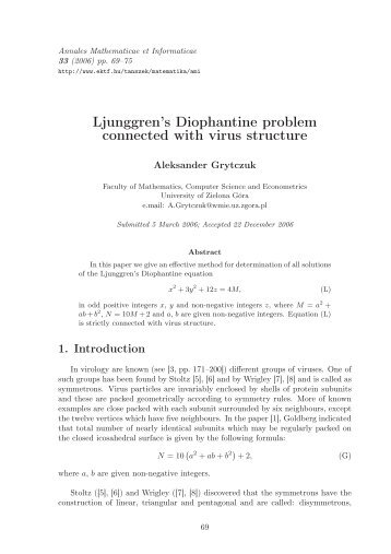 Ljunggren's Diophantine problem connected with virus structure