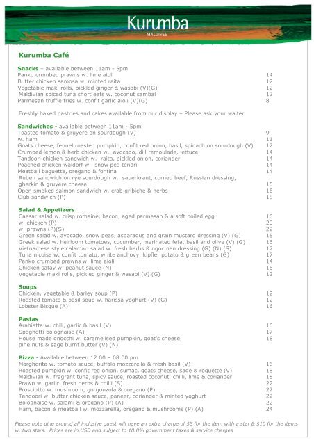 Kurumba Cafe Menu