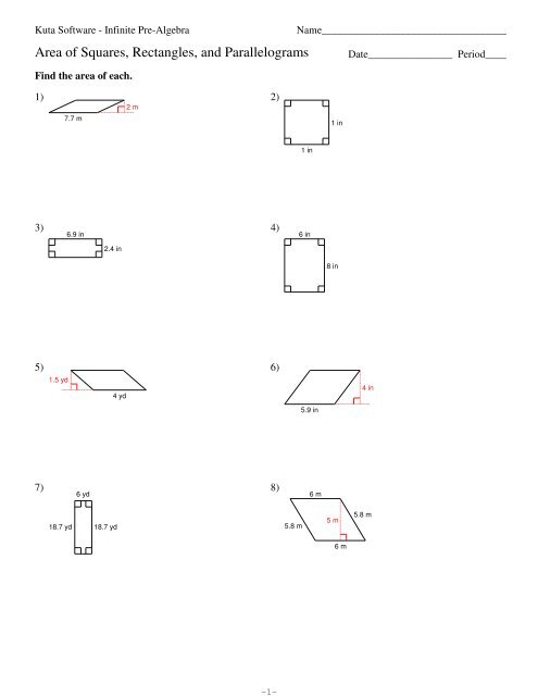 Area of Squares, Rectangles, and Parallelograms - Kuta Software