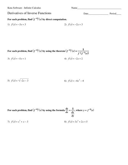 03 - Derivatives of Inverse Functions - Kuta Software
