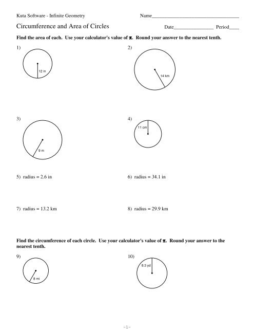 11 Circumference And Area Of Circles Kuta Software