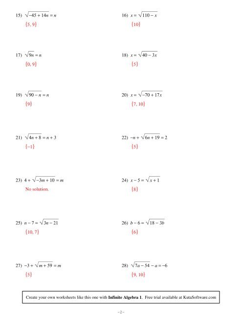 Radical Equations 2 - Kuta Software