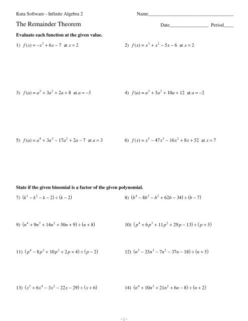 5 6 The Remainder And Factor Theorems Worksheet Answers Pdf