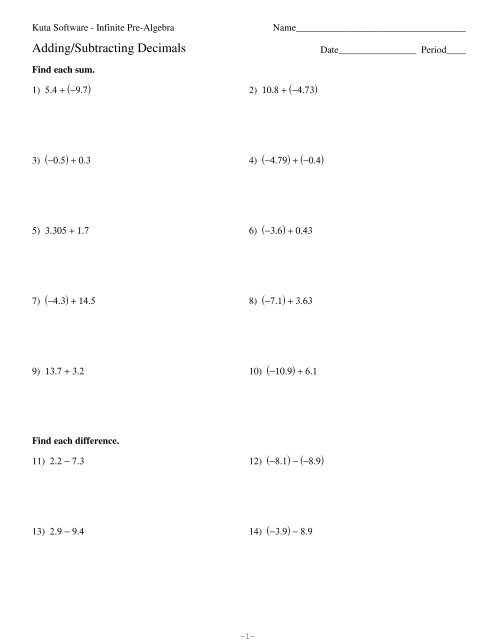 Adding+Subtracting Decimals - Kuta Software