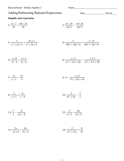 Adding Subtracting Rational Expressions Kuta Software