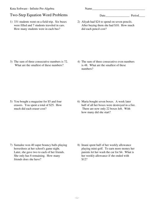 Two Step Word Problems Kuta Software