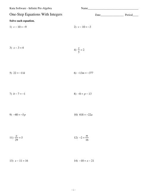 Infinite Algebra 1 One Step Equations Answer Sheet - Tessshebaylo