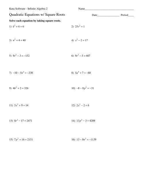 Quadratic Equations Square Roots Kuta Software