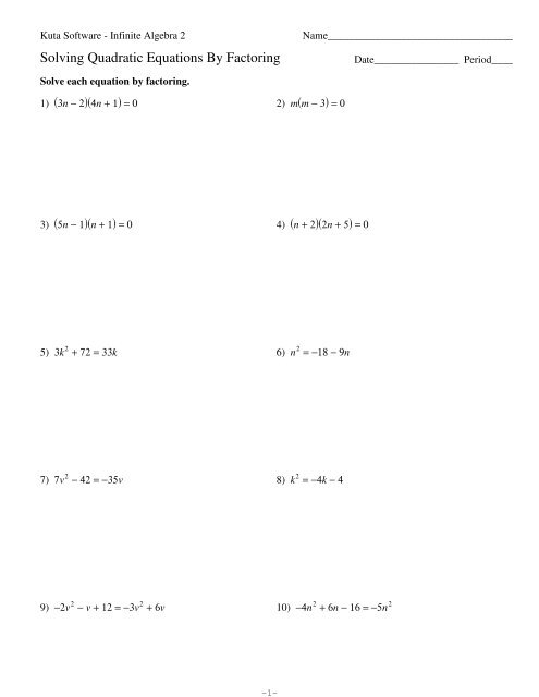 Solving Quadratic Equations By Factoring - Kuta Software