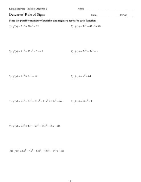 kuta software infinite algebra 2 descartes rule of signs