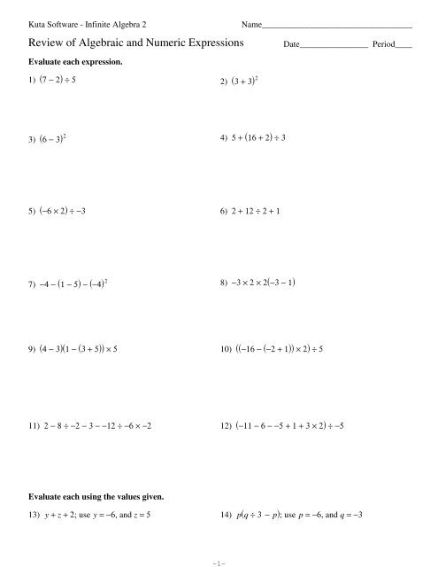 Review of Algebraic and Numeric Expressions - Kuta Software