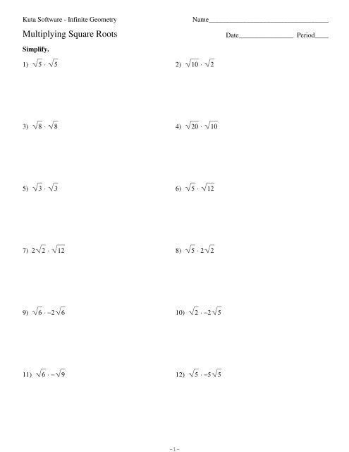 Simplify Square Roots Worksheet