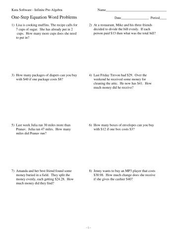 2 R E2g0t1n2g Ckwuotu One Step Word Problems Kuta