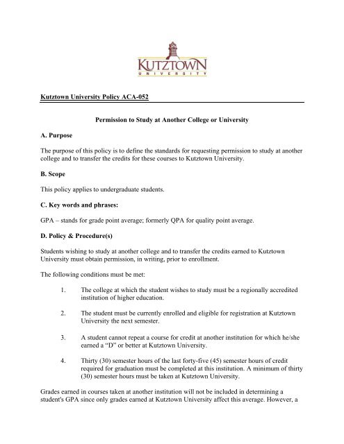 Kutztown University Policy ACA-052 Permission to Study at Another ...