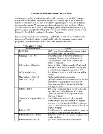 Checklist for Print-On-Demand Reprint Titles An increasing number ...