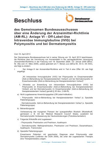 Beschluss des G-BA über eine Änderung der AM-RL: Anlage VI