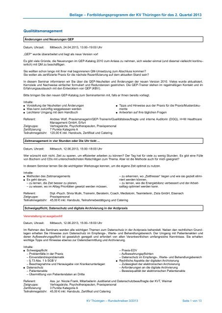 Fortbildungsprogramm der KV Thüringen für das 2. Quartal 2013 ...