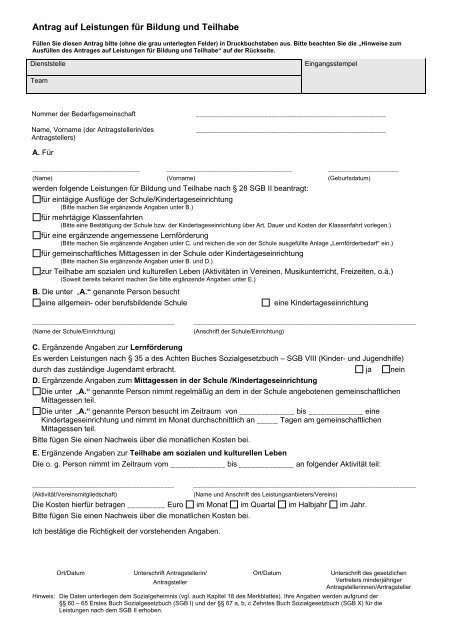 Antrag auf Leistungen für Bildung und Teilhabe (inkl. Hinweise zum ...