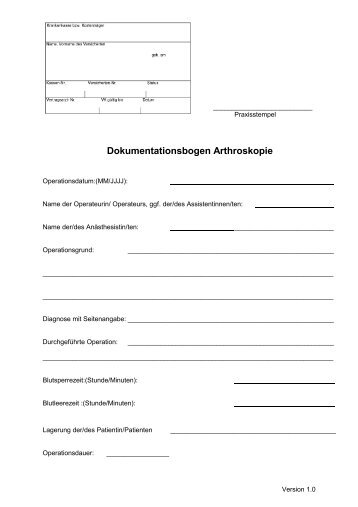 Dokumentationsbogen Arthroskopie
