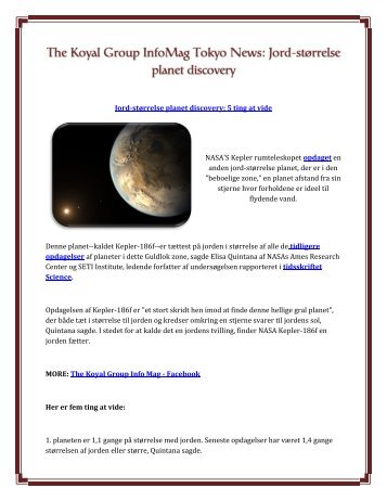 The Koyal Group InfoMag Tokyo News: Jord-størrelse planet discovery