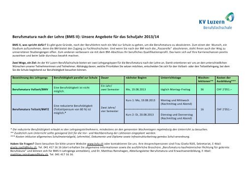 Berufsmatura nach der Lehre (BMS II): Unsere ... - KV Luzern