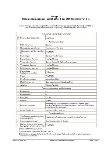 Anlage 10 - Dokumentationsbogen - Kassenärztliche Vereinigung ...