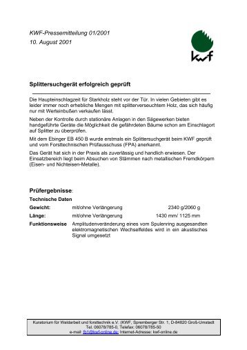 KWF-Pressemitteilung 01/2001 10. August 2001 SplittersuchgerÃ¤t ...