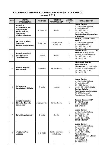 Kalendarz imprez kulturalnych w Gminie Kwilcz - 2012r.