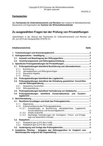 Zu ausgewÃ¤hlten Fragen bei der PrÃ¼fung von Privatstiftungen