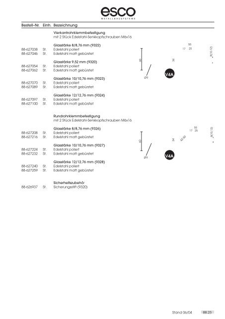 Farbkarte Klemmbefestigung - esco Metallbausysteme Gmbh