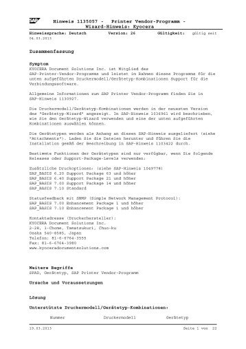 SAP Notes (Stand MÃ¤rz 2013) - KYOCERA Document Solutions